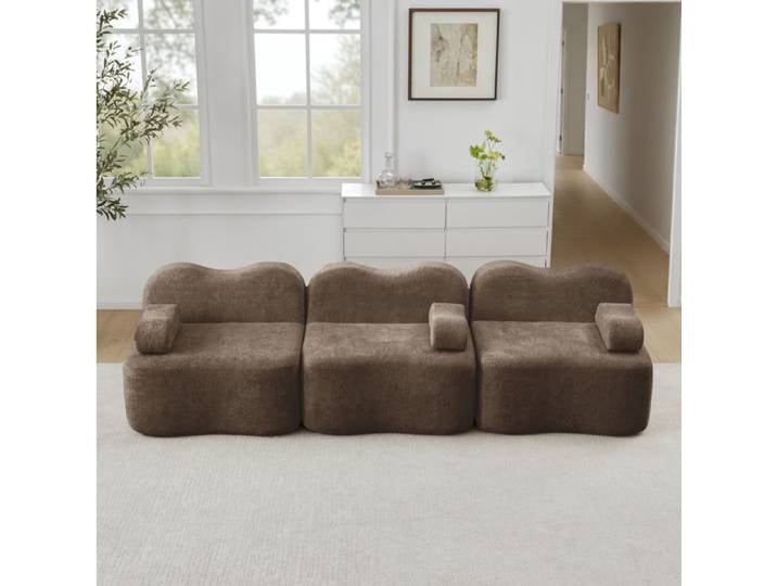 MEUBLIV Canape modulable 3 places sans cadre mousse 32D velours marron assise profonde