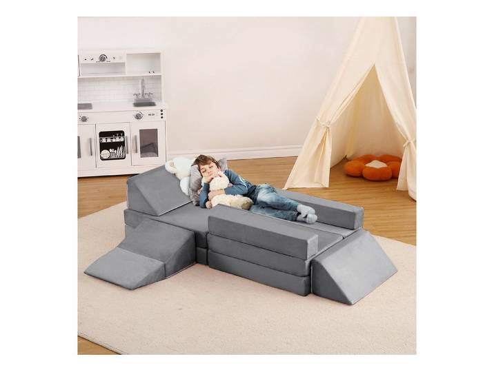 GarveeMore Kindersofa Plüsch-Samt, abnehmbarer Bezug, waschbar, Set 12 Teile, für Spielzimmer, Kinderzimmer, grau