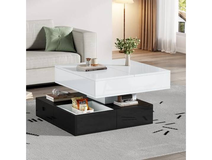 Merax 360° Drehbarer Couchtisch Moderner Kaffeetisch Anhebbarer Wohnzimmertisch mit 3 Schubladen & Stauraum, Hochglanz Sofatisch, Quadratischer Beistelltisch in Weiß & Schwarz,70x70x40cm