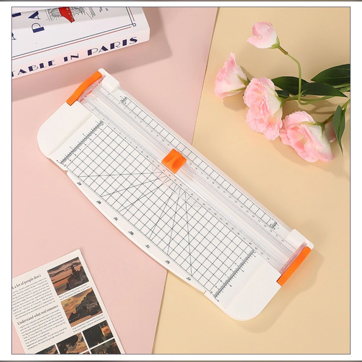 INF Massicot A4 coulissant avec lame de sécurité, coupe d'angle et règle d'extension pliable de 34 cm Blanc