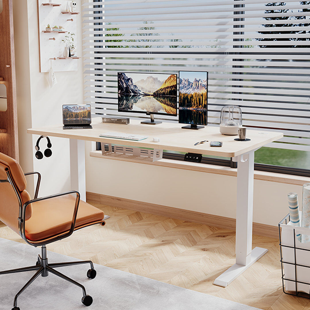 Zipcode Design Hieronymus Electric Adjustable T-Shape Standing Desk Home Desk With Backpack Hook And Memory Smart Pannel Beige 140cm W x 60cm D