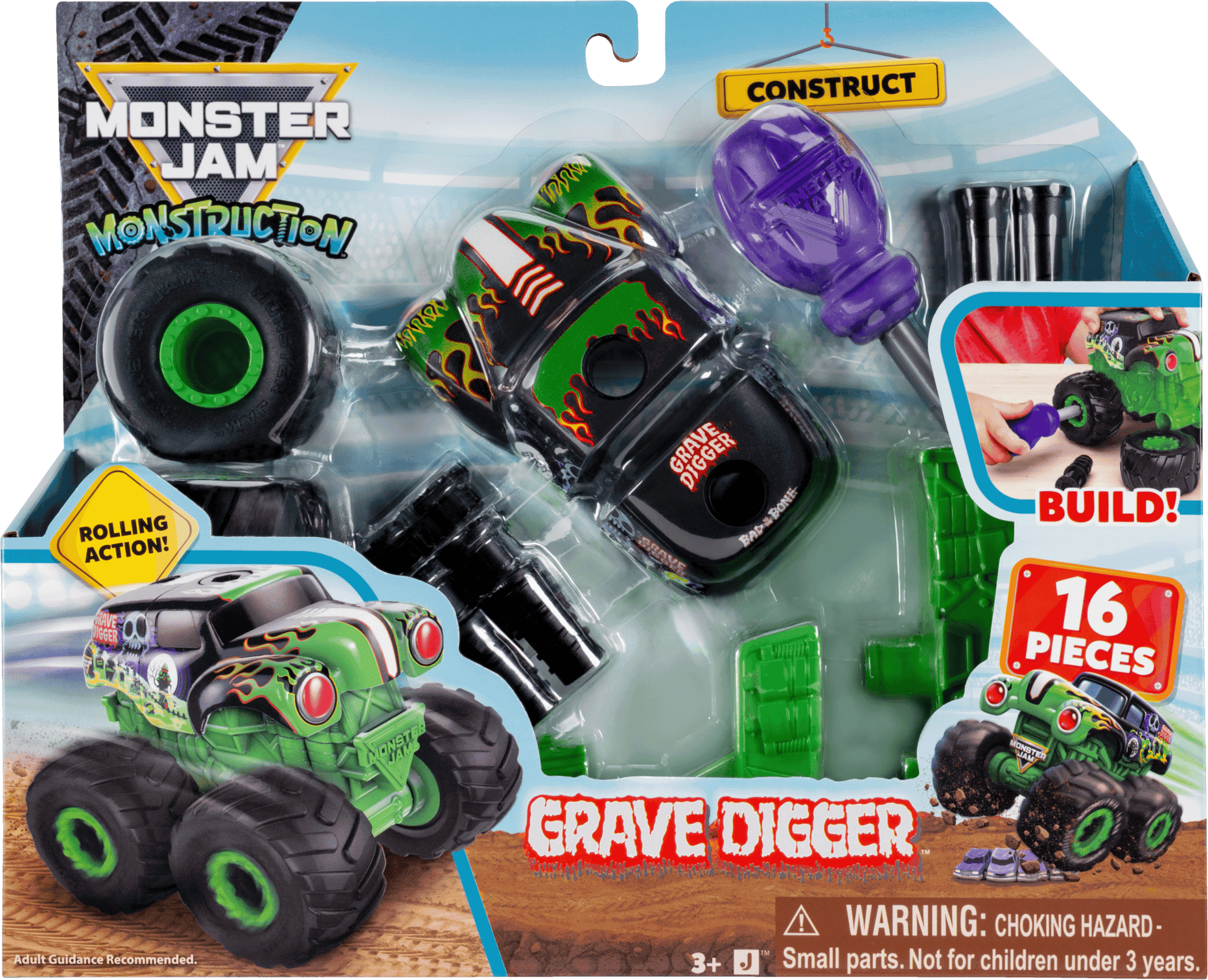 Jazwares Monster Jam Grave Digger Monstruction Truck 5-Inch Buildable Vehicle - 16 Piece Construction Toy for Kids