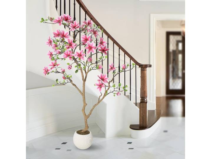 Arbre de magnolia artificiel avec des feuilles en soie au toucher réel et des fleurs rose pâle, plante artificielle réaliste sans entretien pour la maison et le bureau
