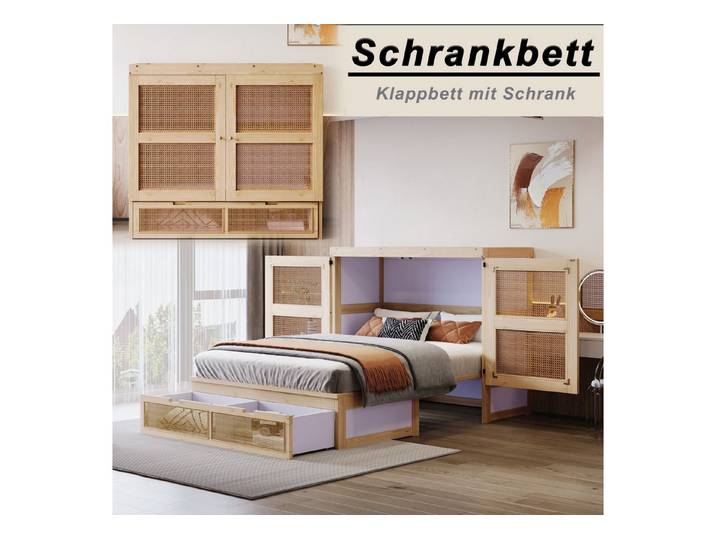 Odikalo Polsterbett Jugendbett Schrankbett Stauraum Lattenrost Schubladen Rattan 140x200cm