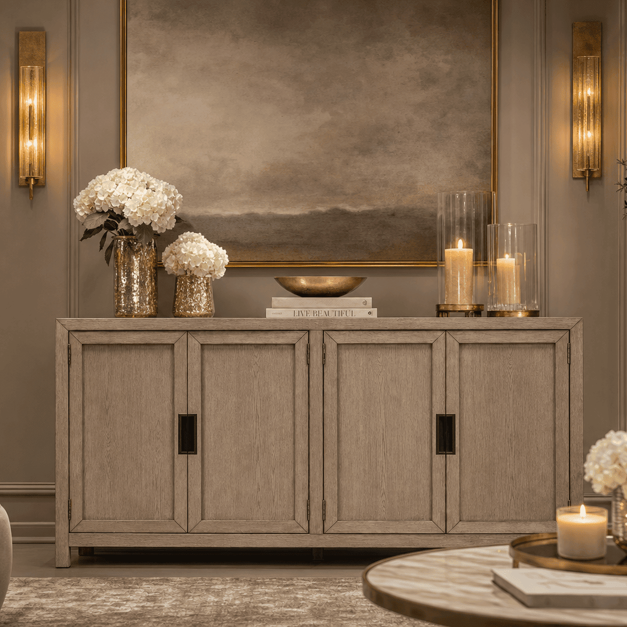 Hudson Greige Wooden 4 Door Sideboard