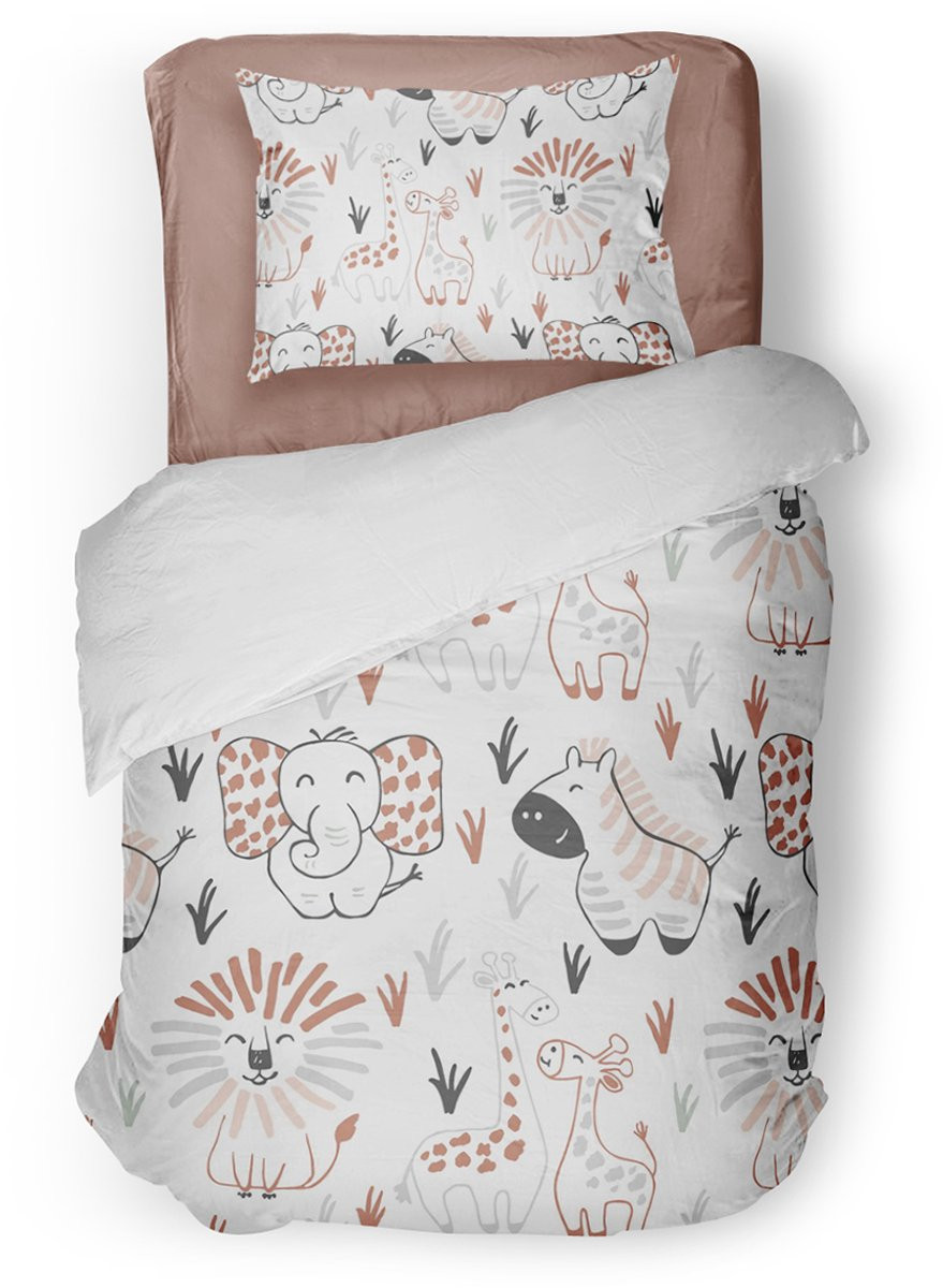 Eleganzzz Kinder Dekbedovertrek Animal Crackers Jungle - Wit - 140 x 220 cm - Micropercal - Eenpersoons