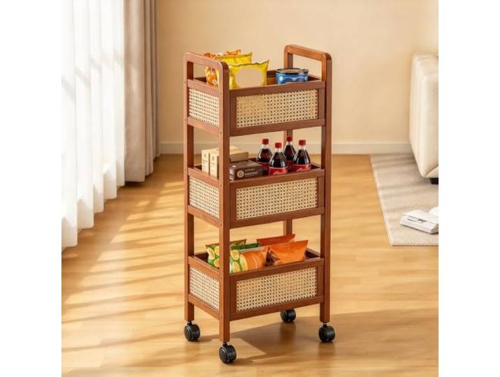 Massivholz Rollwagen, 3 Ebenen mobiler Aufbewahrungs-Organizer für Küche Massivholz-Struktur, 360-Grad-Lenkrollen, platzsparendes Design, vielseitig einsetzbar(13.8 (35cm)L)