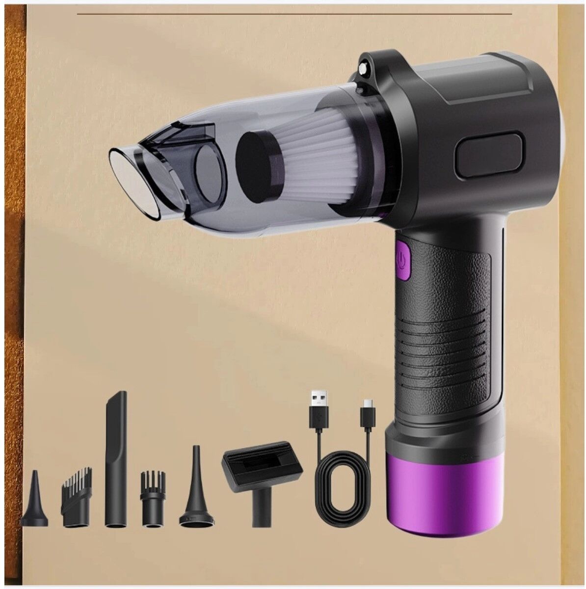 INF Kabelloser Handsauger fürs Auto – starke Saugleistung, Gebläse und LED-Licht für Auto, Zuhause und Tierhaare Violett