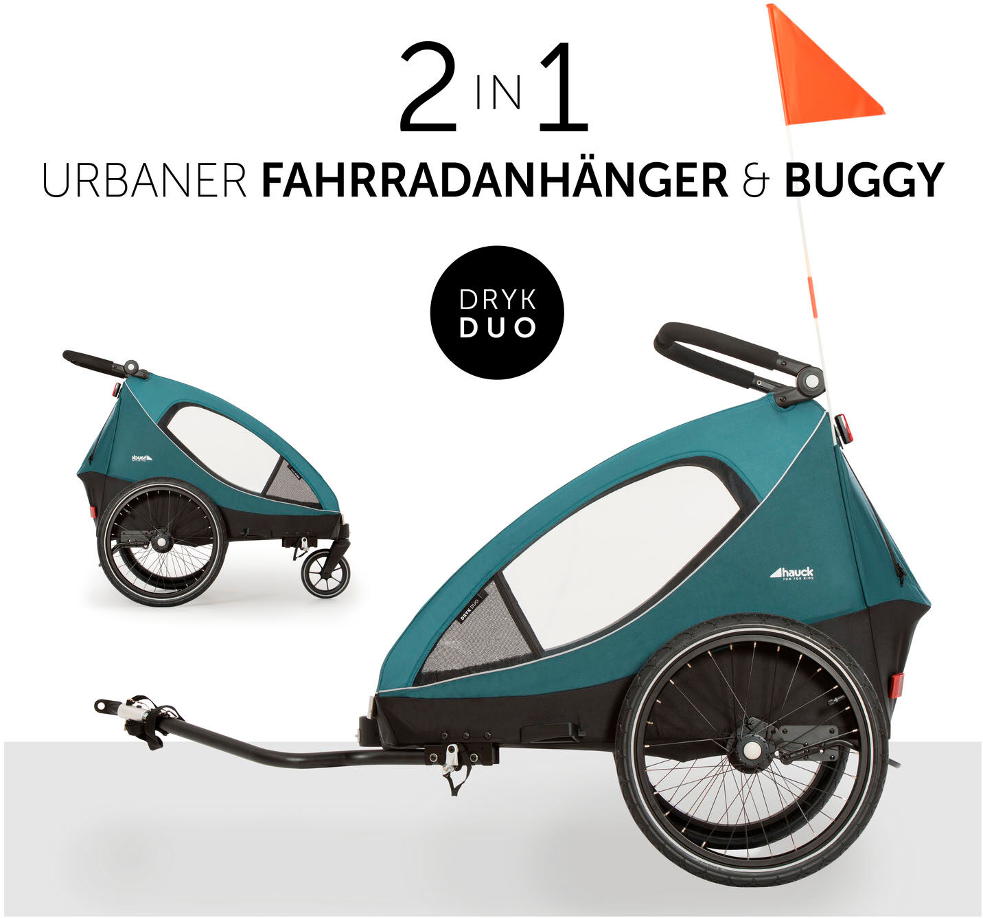 Fahrradkinderanhänger HAUCK "Dryk Duo, Ocean Green", Baby, grün (ocean grün), Fahrradanhänger Fahrradkinderanhänger, für 2 Kinder; inkl. Buggy-Rad ocean grün Einheitsgröße
