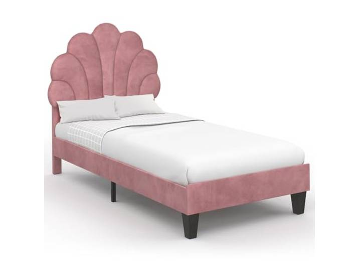 IDMarket - Einzelbett Muschel 90 x 190 cm Amanda mit Unterbett aus Samt in Puderrosa