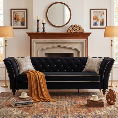 Abrihome "89.5"" 3-Seater Sofa with Gold tufted buttons, Flared arms and Pillows"