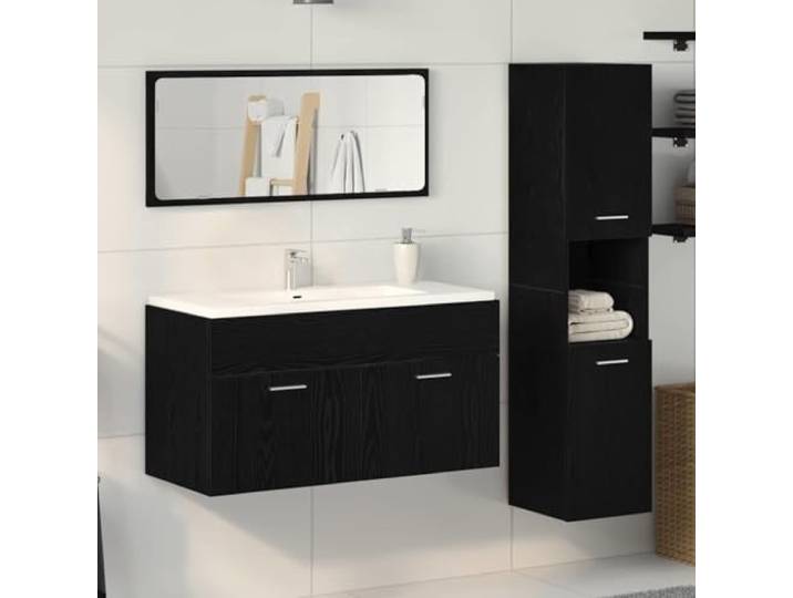 Badezimmermöbelset 3 Stk. Schwarz Eichen-Optik Holzwerkstoff Wandschrank Wandmontiert, flächenbündige Türen, Metallgriffe, Holzwerkstoff, Feuchtigkeitsbeständig, moderne Optik