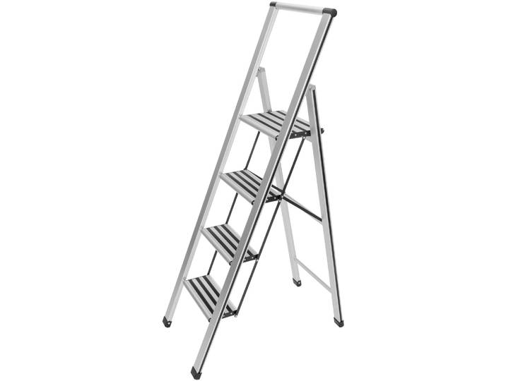 Trittleiter WENKO Modell Alu-Design , silber (silberfarben, schwarz), B:44cm H:153cm L:5,5cm, Aluminium, Kunststoff, Leitern, Trittleiter, Klapptritt Leiter, rutschsichere XXL-Stufen, klappbar, bis 150 kg