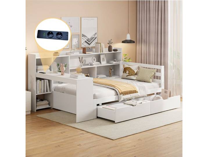 Lit multifonction - DREAMMESPACE - 90x200cm - Canapé-lit avec bureau - Rangement intégré - Blanc
