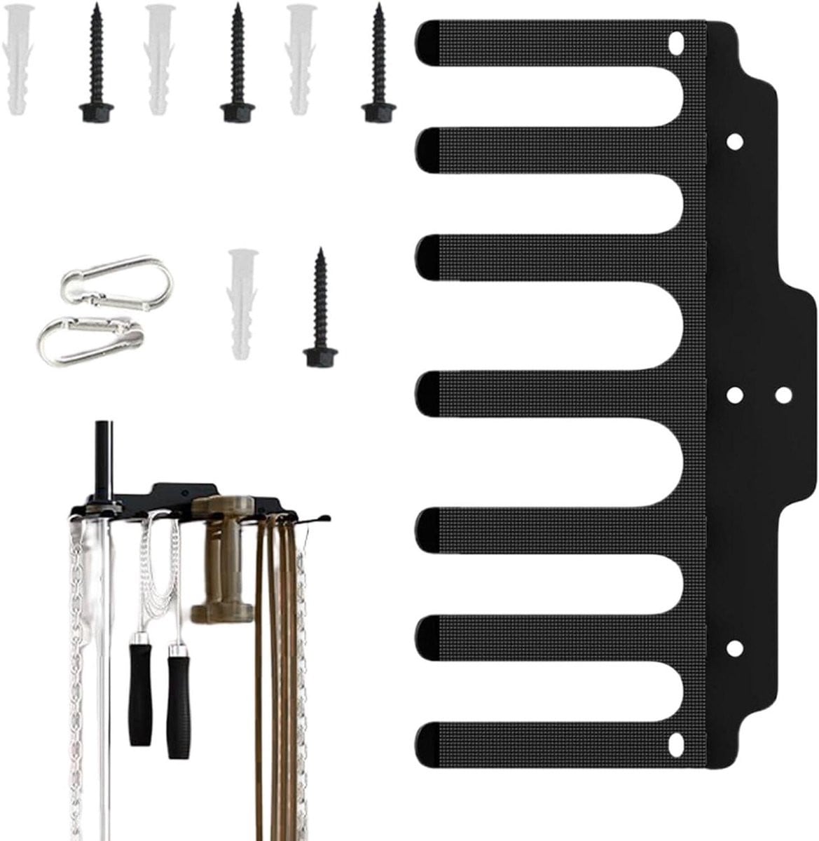 Zwarte Halter Wandhouder met zeven haken voor fitnessgewicht opslag, Lengte: 38,5 cm