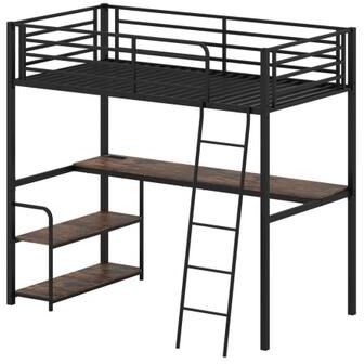 Costway Twin Loft Bed with Desk and Shelves for Kids and Adults-Rustic Brown