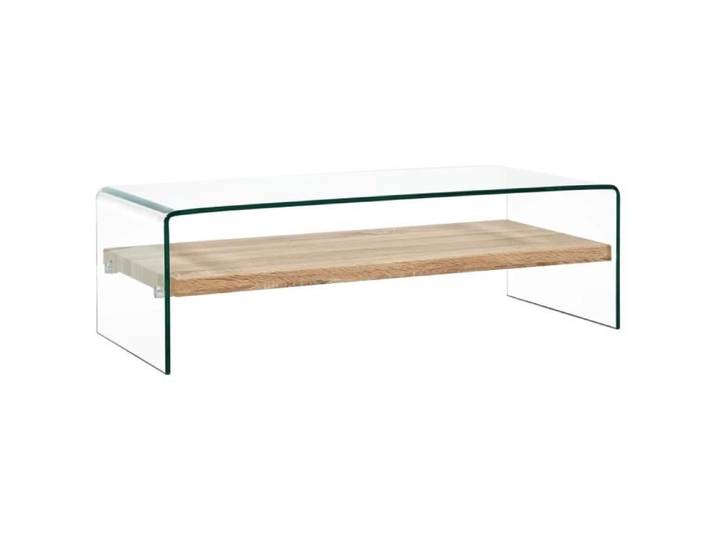 Table basse - ALOMEJOR - Clair et chêne - Verre trempé - Étagère
