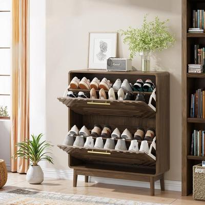 "18 Pair Shoe Storage Cabinet W/2 Flip-Top Drawer, 31.5""W Walnut Shoe Cabinet - N/A"