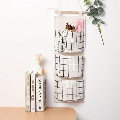 Uplift Essentials 3 Pocket Hanging Wall Storage Organizer Cotton Linen Door And Wall Bag For Home white