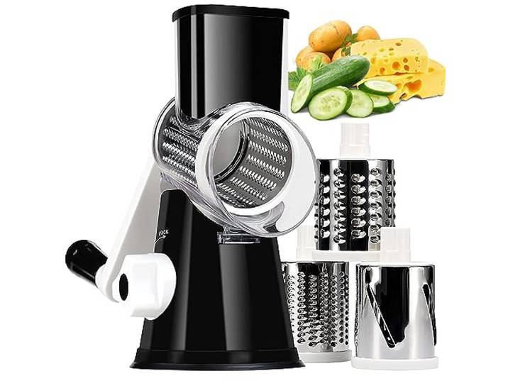 KEOUKE Rotary Cheese Reibe mit Griff Gemüse Käse Shredder Slicer Reibe für Küche 3 Wechselklingen für Käse Kartoffel Zucchini Nüsse Schokolade - Schwarz