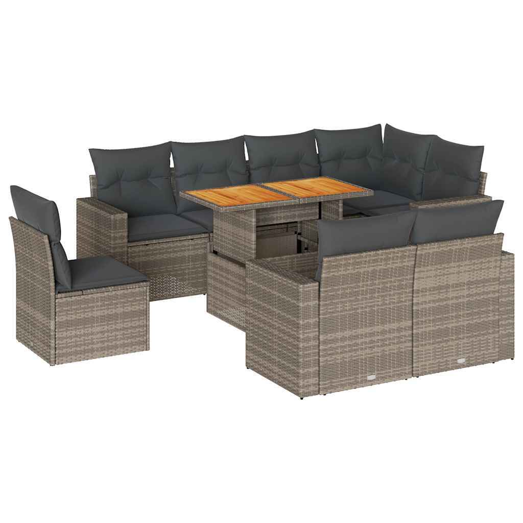 Modulares Gartenmöbel-Set, 9-teilig, mit Poly Rattan, Stauraum, wasserfestem Beutel, verstellbarem Couch- & Esstisch, Grau