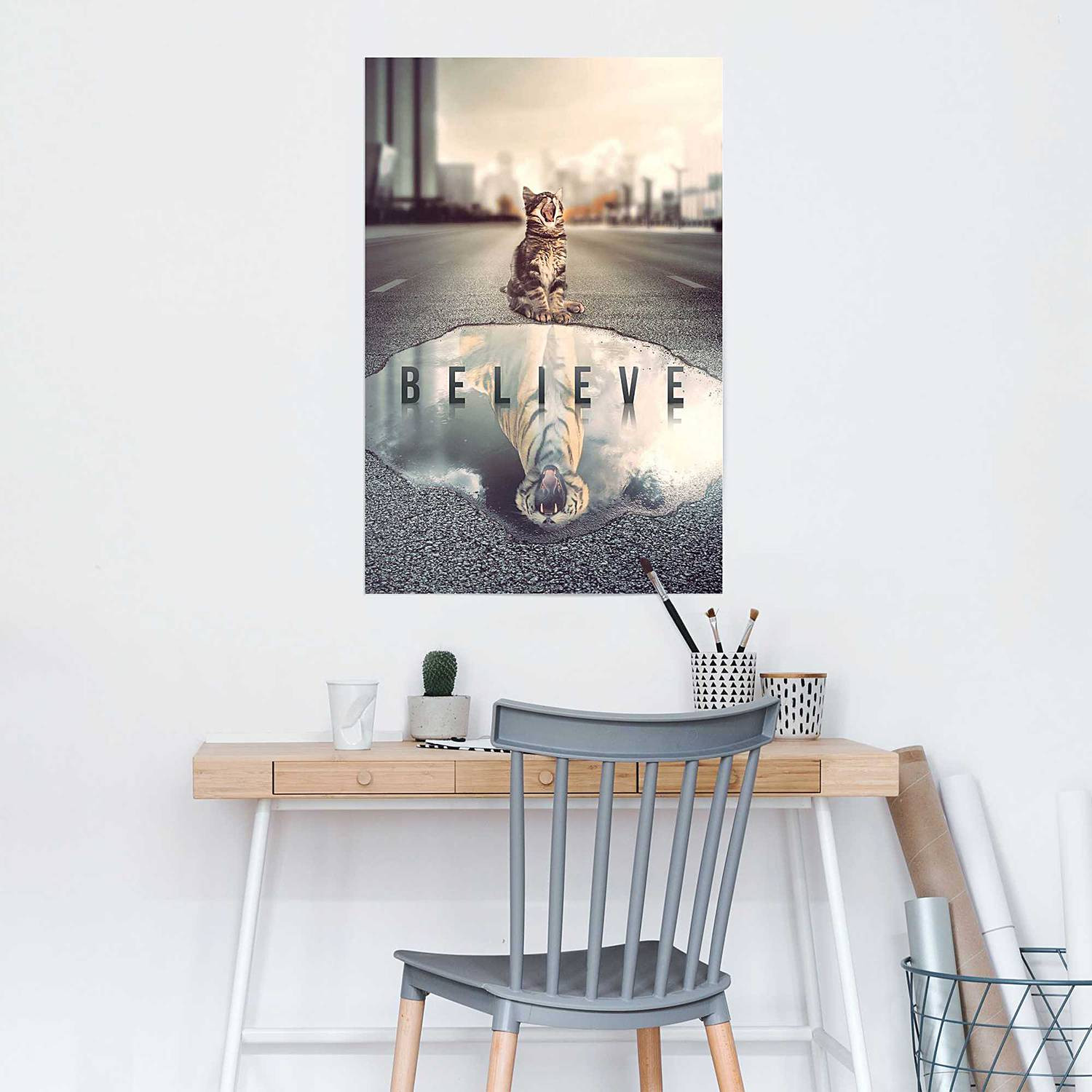 home24 Believe Cat Poster met dieren en typografie, meerdere kleuren, papier, Breedte: 61 cm, Hoogte: 92 cm