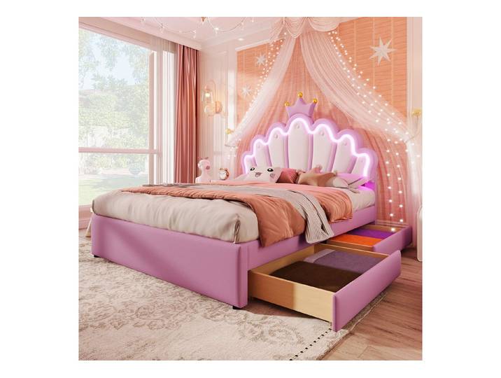 muvano Bett Polsterbett 1,4x2m Prinzessinnenbett Kronenform LED Bett & Schubladen