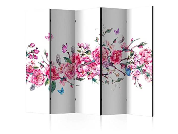decomonkey Paravent Raumteiler Innen Blumen, 225x172 cm, 5-teilig, Pflanzen Einseitig, Falter, Wohnzimmer, Room Divider, Wall, Raumteiler Stehend, Trennwand, Sichtschutz, Spanische Wand, Holz