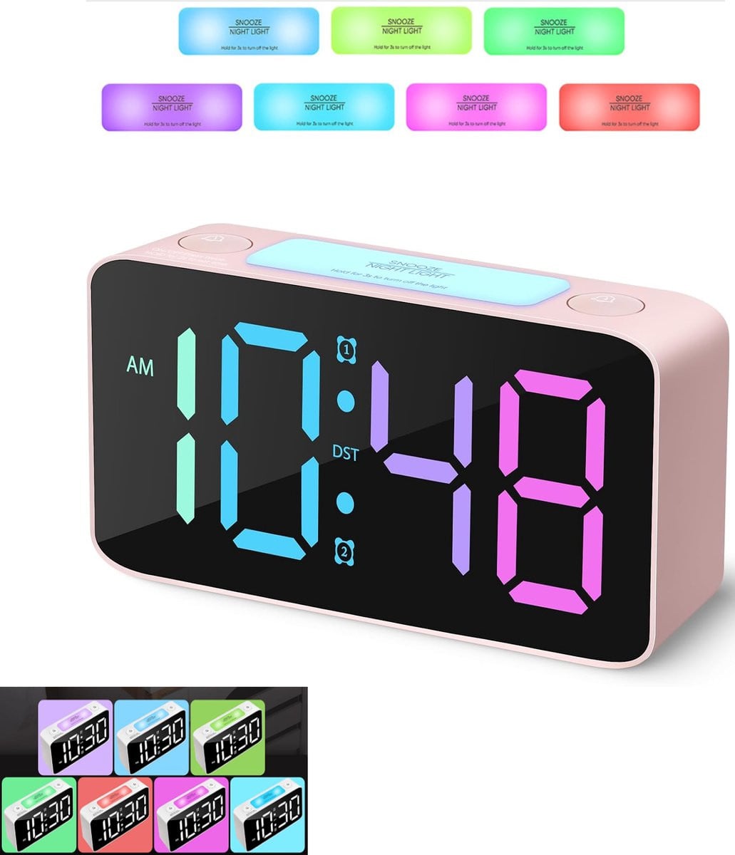 KZQ Digitale wekker met RGB-nachtlampje en groot scherm, Roze