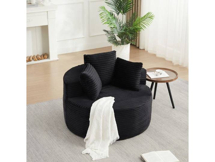 Modenuit Fauteuil lounge rond 110 cm en velours côtelé noir 3 coussins accoudoirs larges