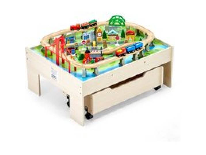VEVOR Table Circuit Train Bois, 100 PCS, avec Rail de Train, Tiroir Rangement Roulant, Table Activités 3 en 1 Double Face pour Jouer, Dessiner, Lire, Manger, Jouets Créatifs pour Enfants 3 Ans et Plus