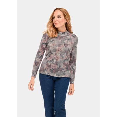 Rundhalspullover GOLDNER "Kurzgröße Floraler Strickpullover mit Stehkragen", Damen, Gr. 19, rosa (rosé, gemustert), Obermaterial: 65% Polyester PES. 35% Viskose CV., eng, Pullover Rundhalspullover, hoher Baumwollanteil