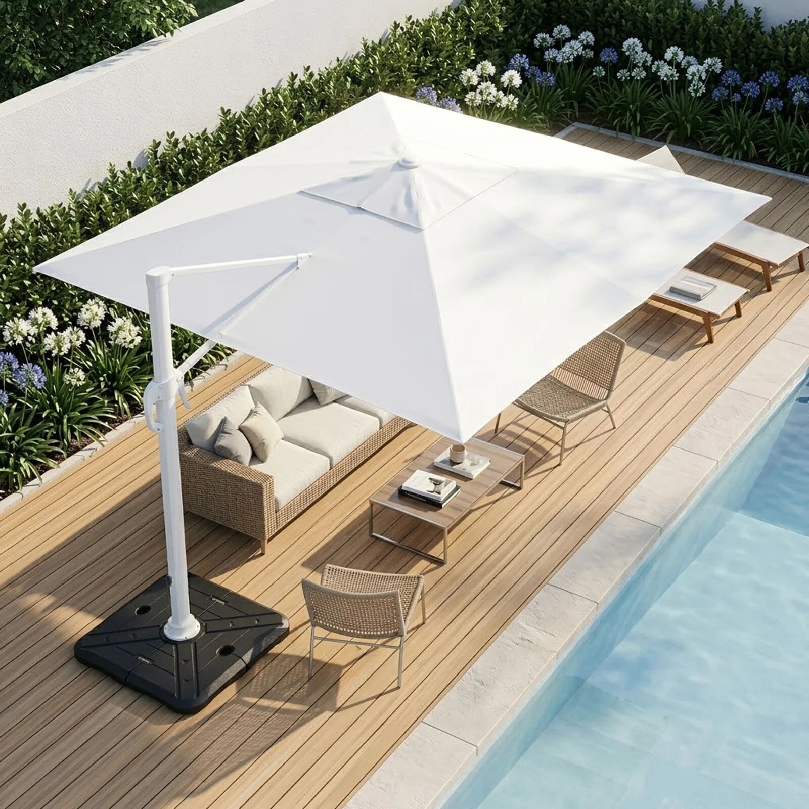 garneroarredamenti Ombrellone da giardino 4x4m orientabile a 360° con palo laterale telo bianco struttura bianca Formentera