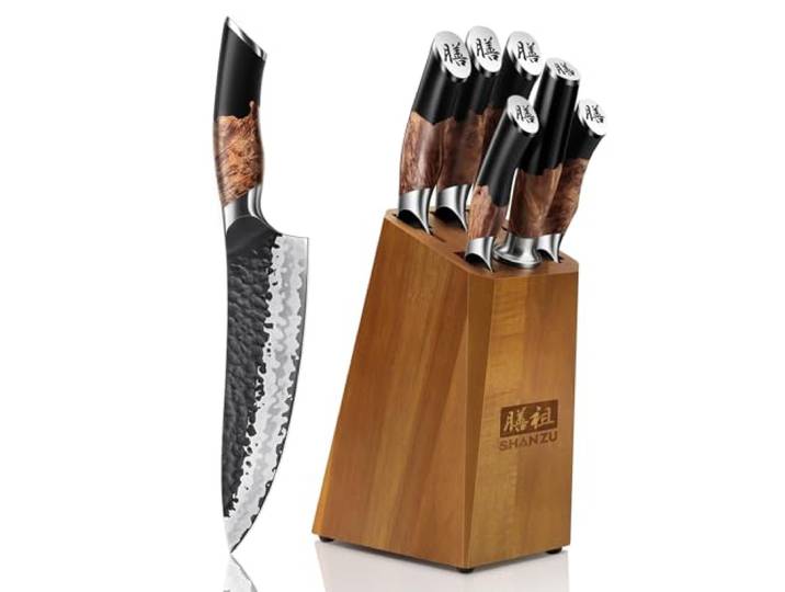 SHAN ZU Messerset 7 teilig, Japanisches Küchenmesser Set mit Block, 7 Schichten Hochwertigem Carbon Stahl Scharf Messerset für die Küche, Professionelles Kochmesserset mit Schärfer