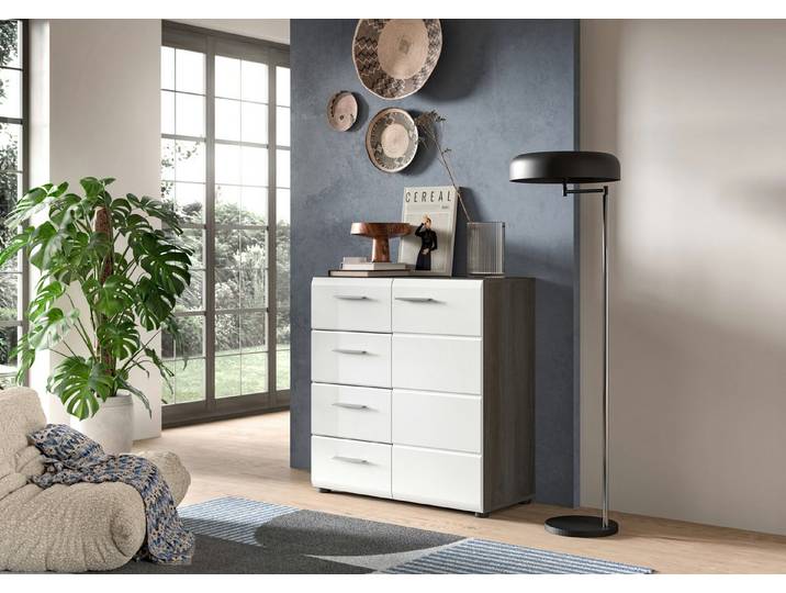 Home affaire Kommode Rumba, Breite 80cm, in Rauchsilber Nachbildung/Weiß Hochglanz, Kommode, Sideboard, Schrank