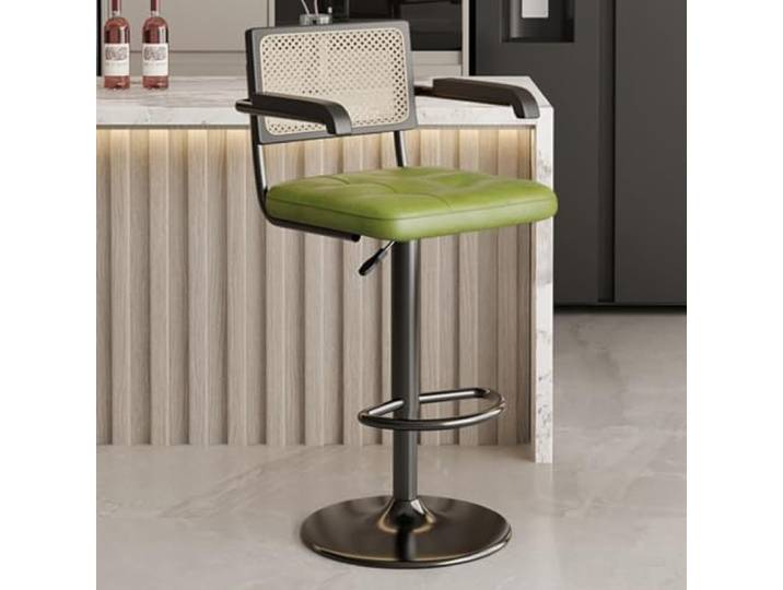 GIZNXBA Barhocker Mit Vintage Rattan Rückenlehne Barstuhl Höhenverstellbar Drehbar Bistrohocker Moderner Tresenhocker Küche Für Restaurant, Büro, Ausstellung, Kaffeehaus(Green B,Black Legs)