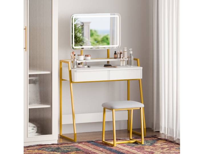 Mondeer Coiffeuse avec éclairage LED et tabouret Coiffeuse à 2 tiroirs