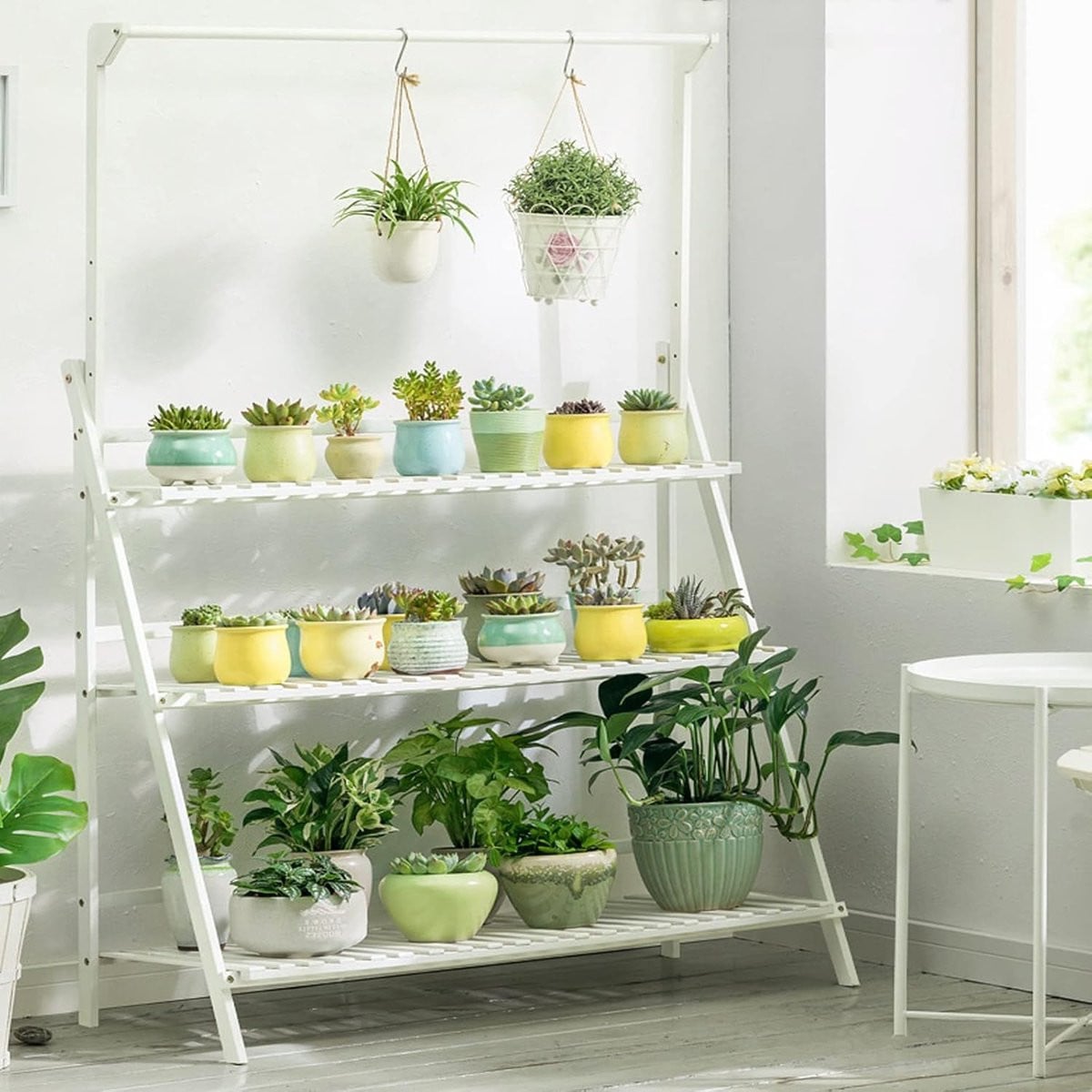 Plantenrek Bamboe - Opvouwbare Ladder - 3-laags Ontwerp - Wit