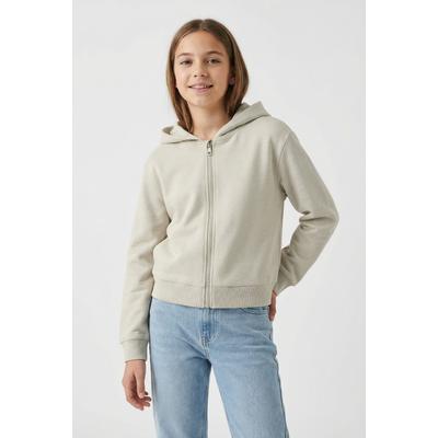 Kapuzensweatjacke NAME IT "NKFMILLE SHORT NREG SWE CARD WH UNB NOOS", Mädchen, Gr. 122/128, beige (pumice stone), Sweatware, Obermaterial: 80% Baumwolle, 20% Polyester, unifarben, normal taillenbedeckt, Rundhals, angesetztes Bündchen, Sweatjacken