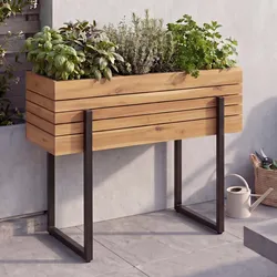 Hochbeet MCW-P85, Pflanzbeet Blumen-/Pflanzkasten Pflanzkübel, Outdoor Metall Akazie Holz MVG 68x80x30cm ~ hellbraun