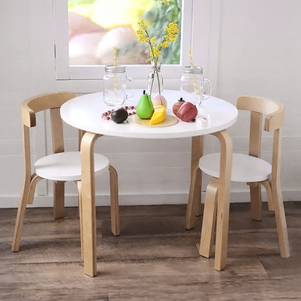 Norden Home Sanita Kids 3 Piece Solid Wood Round Play Or Activity Table and Chair Set White 50cm H X 60cm L X 60cm D