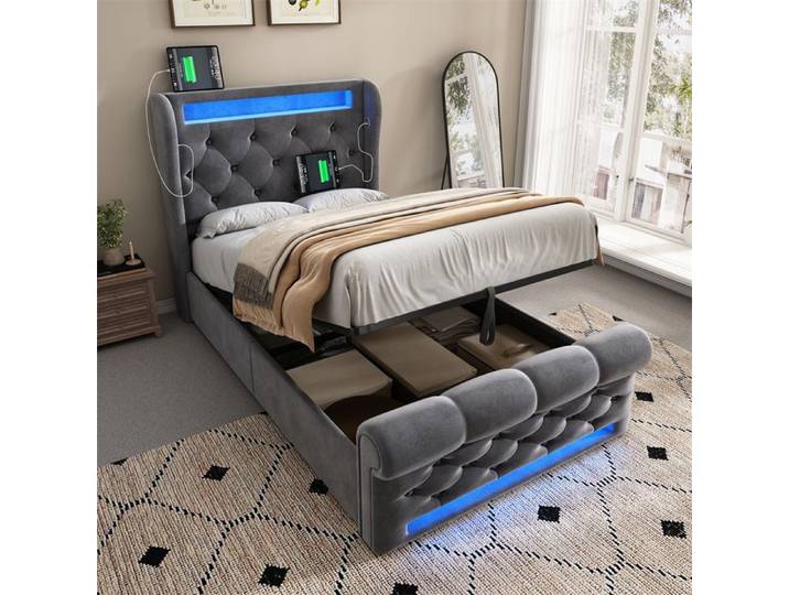 Lit Coffre 90x200 avec LED Lit Une Place Adulte avec Ports USB et Type-C Lit Une Personne Adolescent Garcon Fille Velours Gris