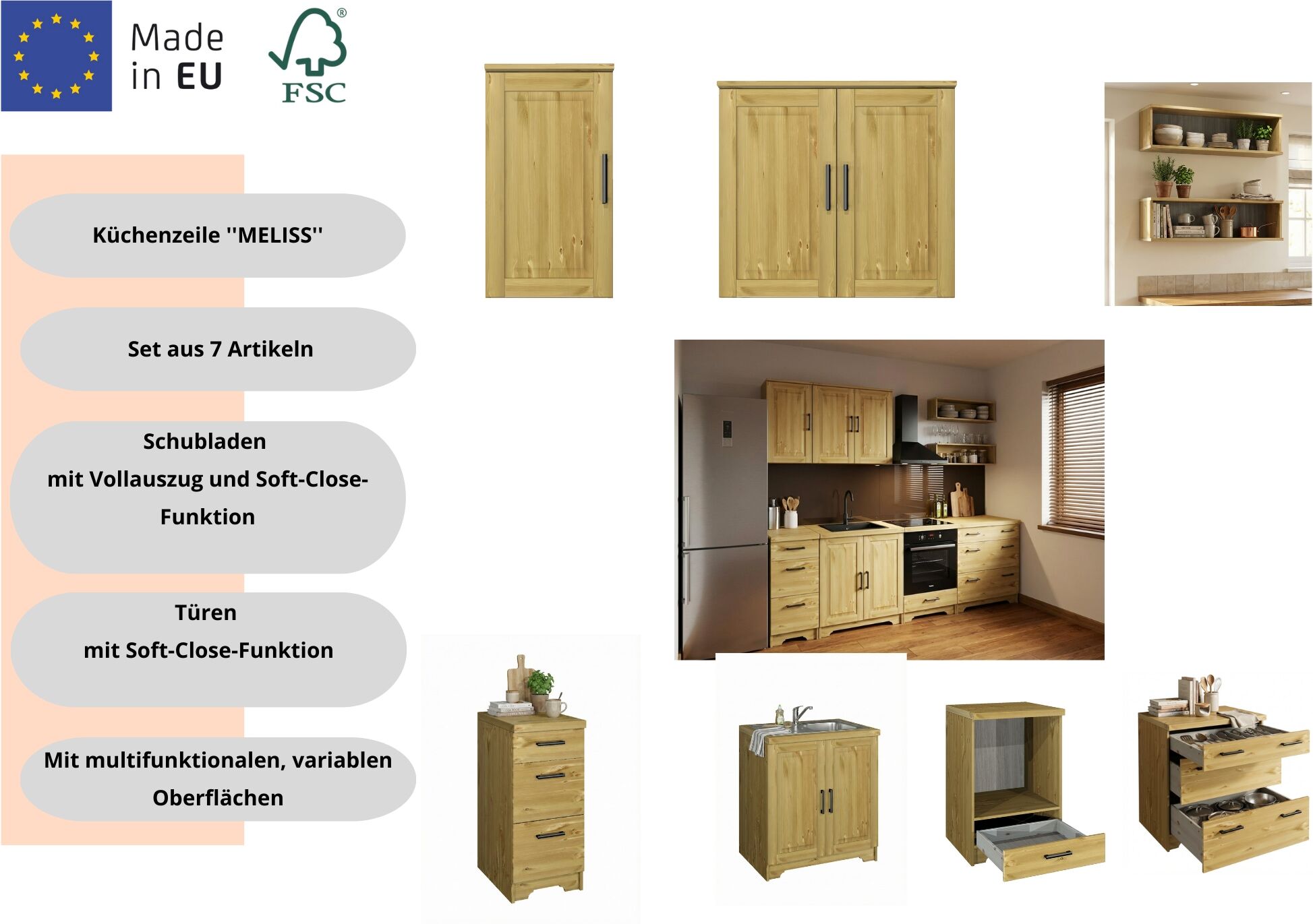 Küchenzeile HOME AFFAIRE "Meliss", braun (küche: natur, korpus: natur, arbeitsplatte: natur), B:260cm T:60cm, Komplettküchen-Sets, Küchenzeile, aus massiver Kiefer, mit Soft-Close-Funktion, 8-teiliges Set küche: natur, korpus: natur, arbeitsplatte: natur 