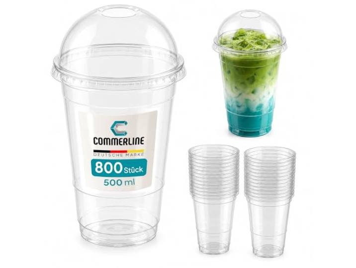 Commerline Smoothie Becher, 500 ml, 800 Stück, Slush Becher mit Domdeckel Transparentes R-PET, Plastikbecher mit Deckel, Dessertbecher, Bubble Tea Becher, Eiskaffee To Go, Trinkhalmöffnung
