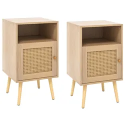 COSTWAY Rattan-Nachttisch, Nachttisch aus Holz mit offenem Regal und Tür, Sofatisch