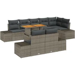 vidaXL 9-teiliges Garten-Esstisch-Set mit Kissen, grau, aus Poly-Rattan und Akazie