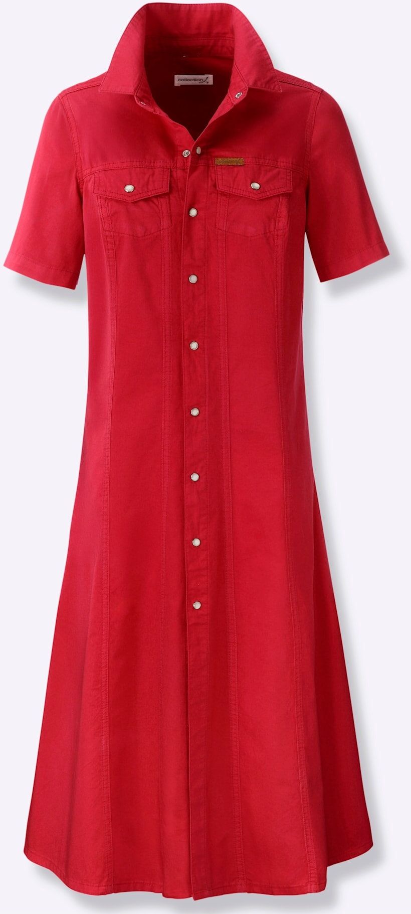 Jeanskleid CASUAL LOOKS "Jeans-Kleid", Damen, Gr. 20, Kurzgrössen, Kurzarm, Twill, rot (erdbeere), Twill, 100% Baumwolle, unifarben, wadenlang, Kleider Jeanskleid erdbeere 20, Kurzgrössen, Kurzarm, Twill