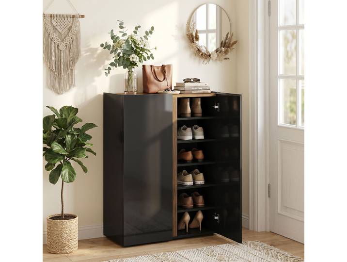 HOMCOM Armoire à Chaussures 6 Niveaux Noir Laqué Sécurisée