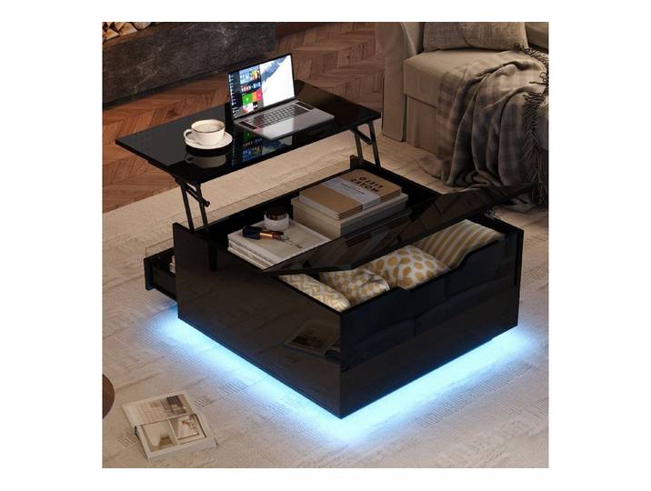 KLAM HOME Couchtisch Hochglanz Couchtisch Schwarz mit LED Beleuchtung & Stauraum (Höhenverstellbarer Kaffeetisch mit Schublade & Acryl Lichtdesign), Moderner quadratischer Sofatisch mit App gesteuerter RGB LED