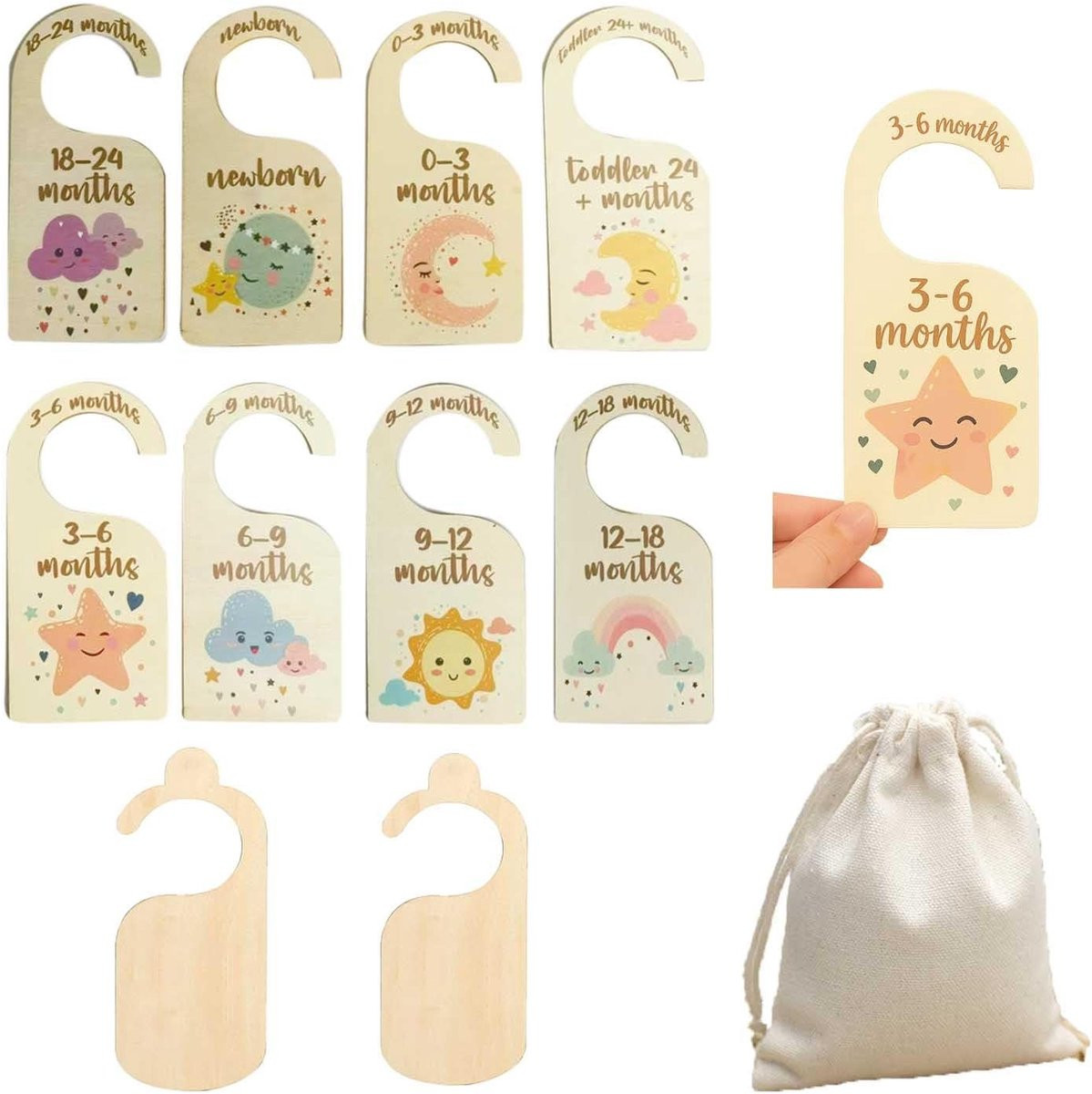 SOUQONE Set van 10 Houten Maathangers voor Babykleding - Dubbelzijdig - Met Opbergzak